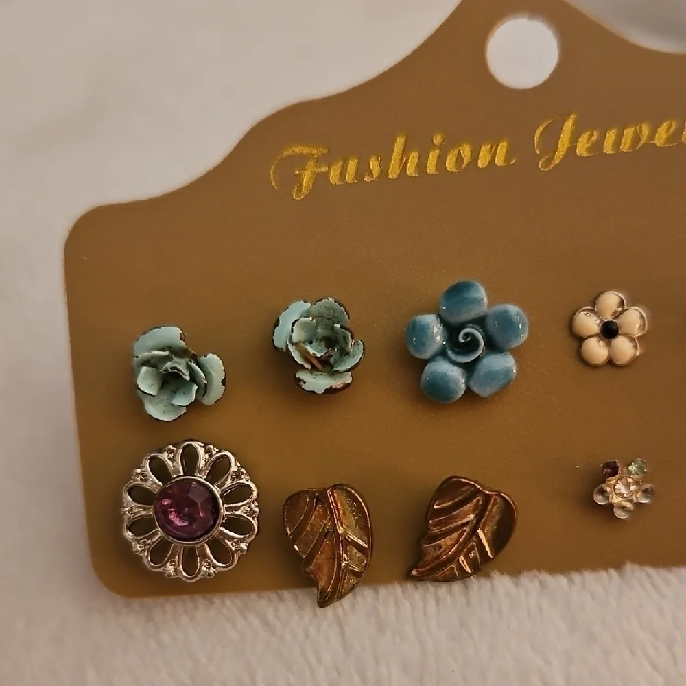 Vintage Eight Single and Two Pair Floral and Leaf Earring Set
